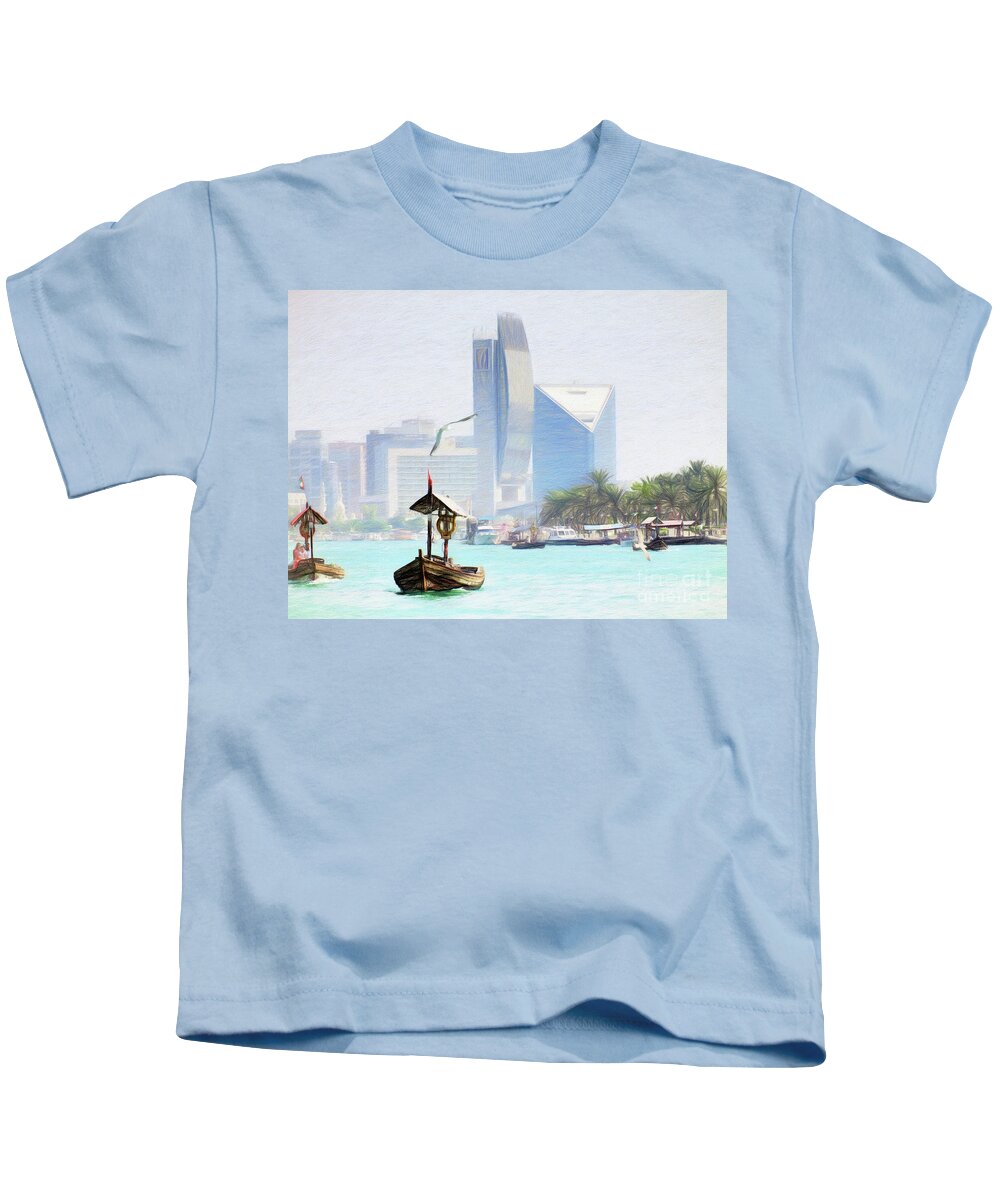 Dubai Kids T-Shirt featuring the photograph Dubai Creek - Old and New 100cm x 80cm by Scott Cameron