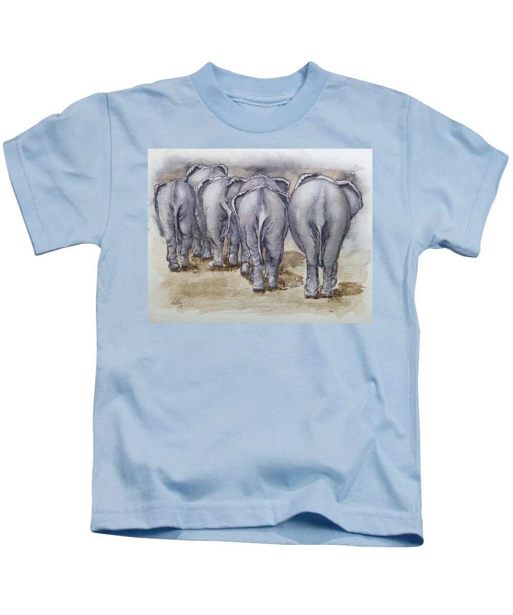 Elephant Herds Kids T-Shirt featuring the painting Elephants Leaving...No Butts about it by Kelly Mills