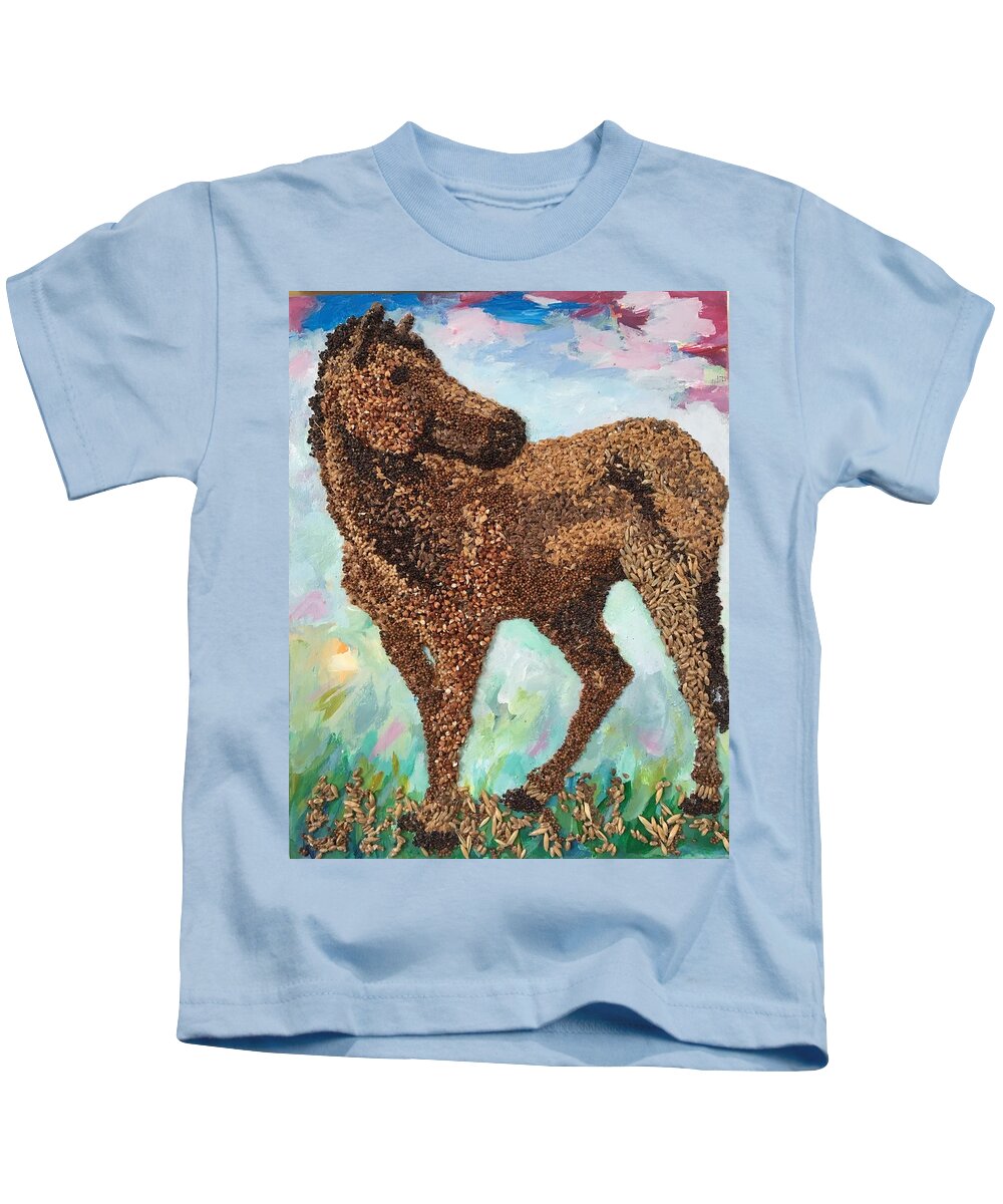 Agricultural Kids T-Shirt featuring the mixed media Feeding Our Horses by Naomi Gerrard