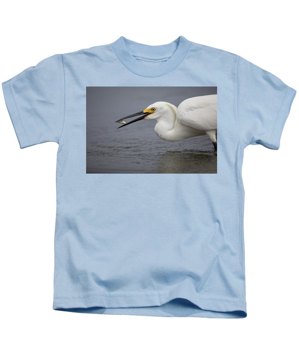 Egret Kids T-Shirt featuring the photograph Fish Fish I Got My Wish by Alice Schlesier