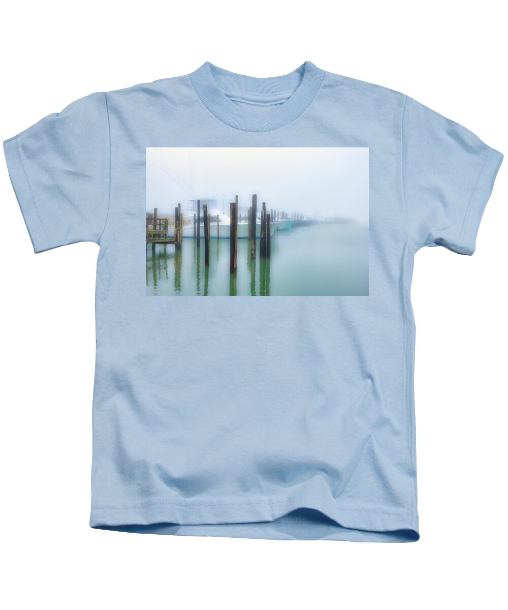 North Carolina Kids T-Shirt featuring the photograph Fishing Boats in Morning Fog Horiz LS by Dan Carmichael
