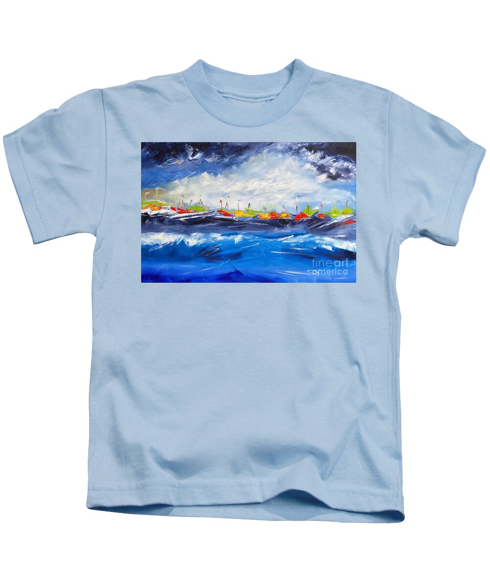Boats Kids T-Shirt featuring the painting Flotilla by Alan Metzger