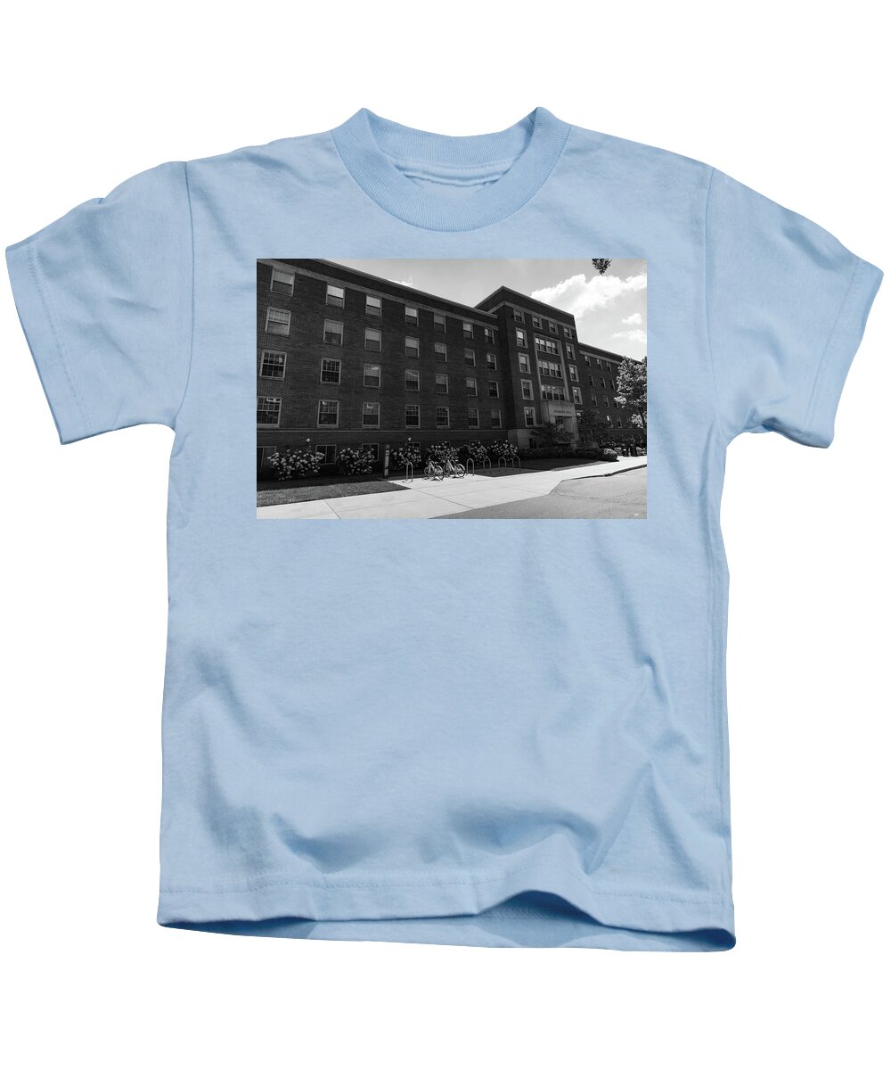 Private College Kids T-Shirt featuring the photograph Founders Hall at the University of Dayton in black and white by Eldon McGraw