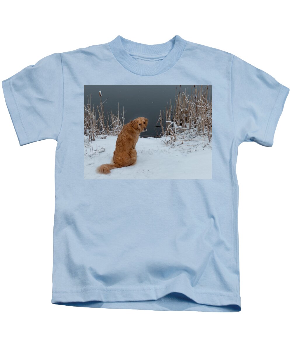 Retriever Kids T-Shirt featuring the photograph Golden Retriever By A Winter Pond by Karen Rispin