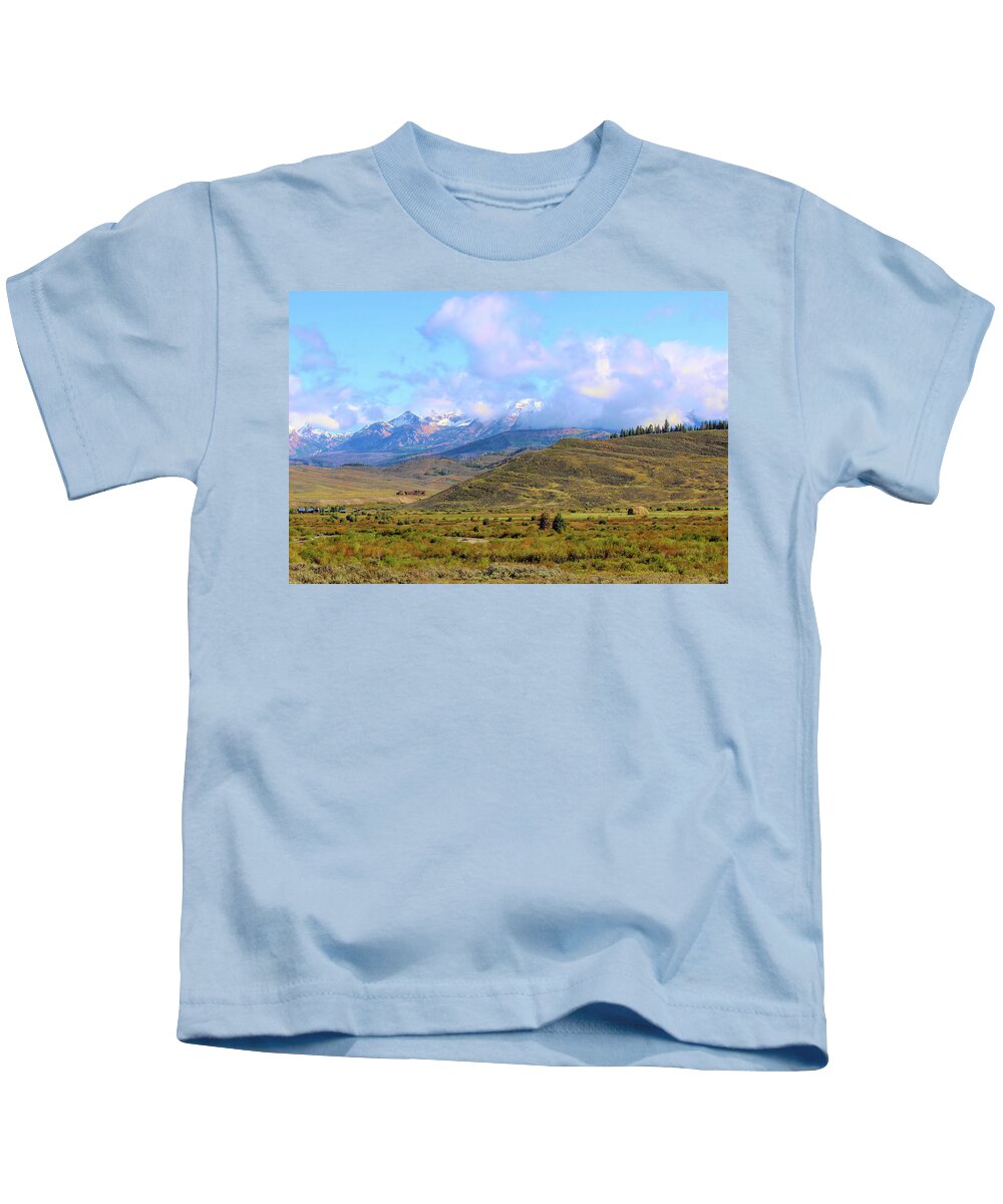 Grand Tetons Kids T-Shirt featuring the photograph Grand Tetons in the clouds 1a by Cathy Anderson