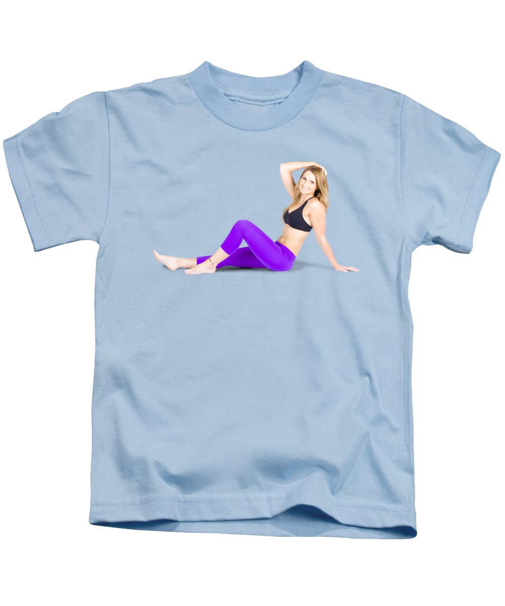 Aerobics Kids T-Shirt featuring the photograph Happy Smiling Woman Exercising On White Background by Jorgo Photography