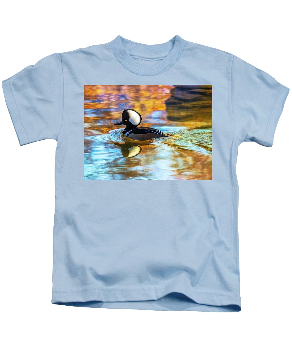 Hooded Merganser Kids T-Shirt featuring the photograph Hooded Merganser with Reflection by Lowell Monke