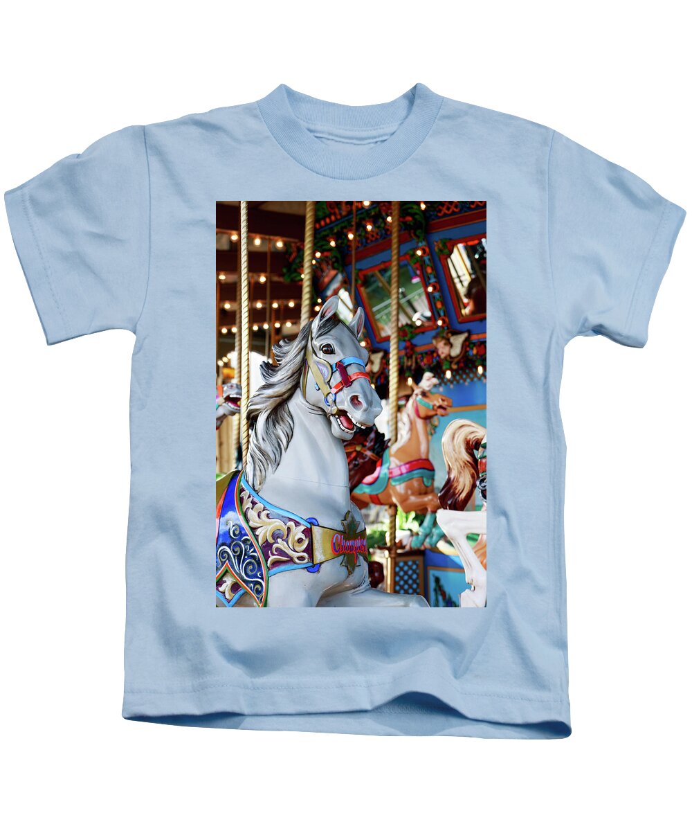 Texas State Fair Kids T-Shirt featuring the photograph Horse on the 1923 Dentzel Carousel at the Texas State Fair by David Ilzhoefer