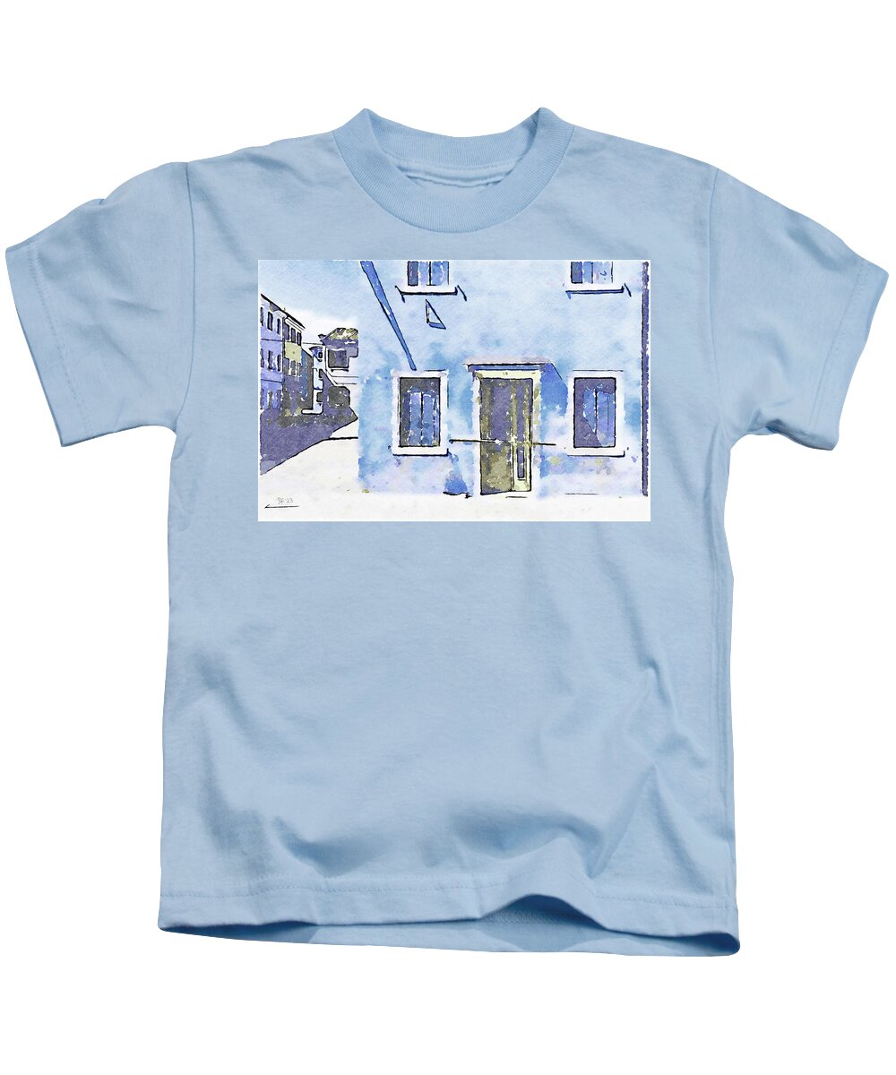 House Kids T-Shirt featuring the mixed media House with Blue Shutters by Shelli Fitzpatrick