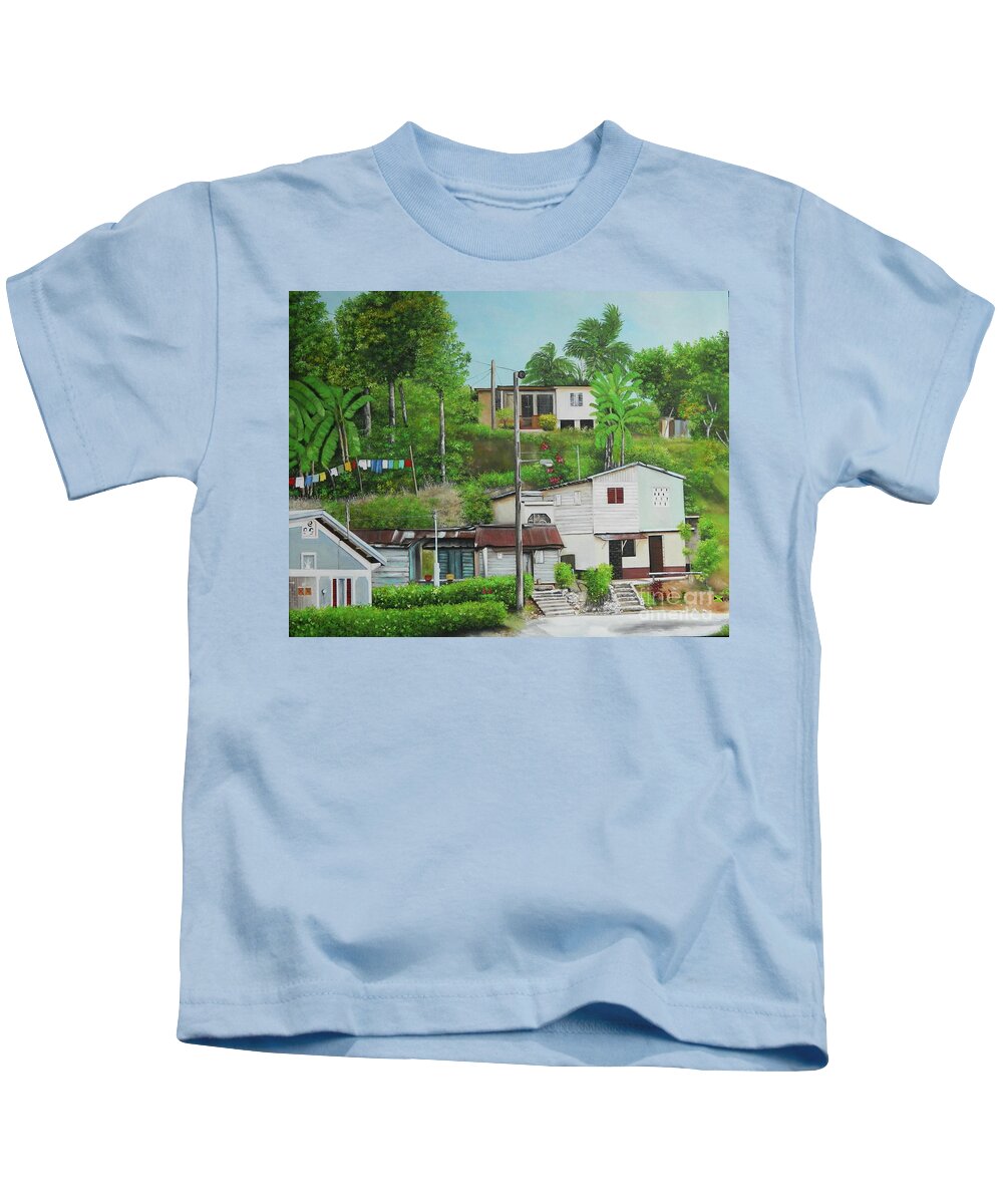 Jamaica Art Kids T-Shirt featuring the painting Island Village by Kenneth Harris