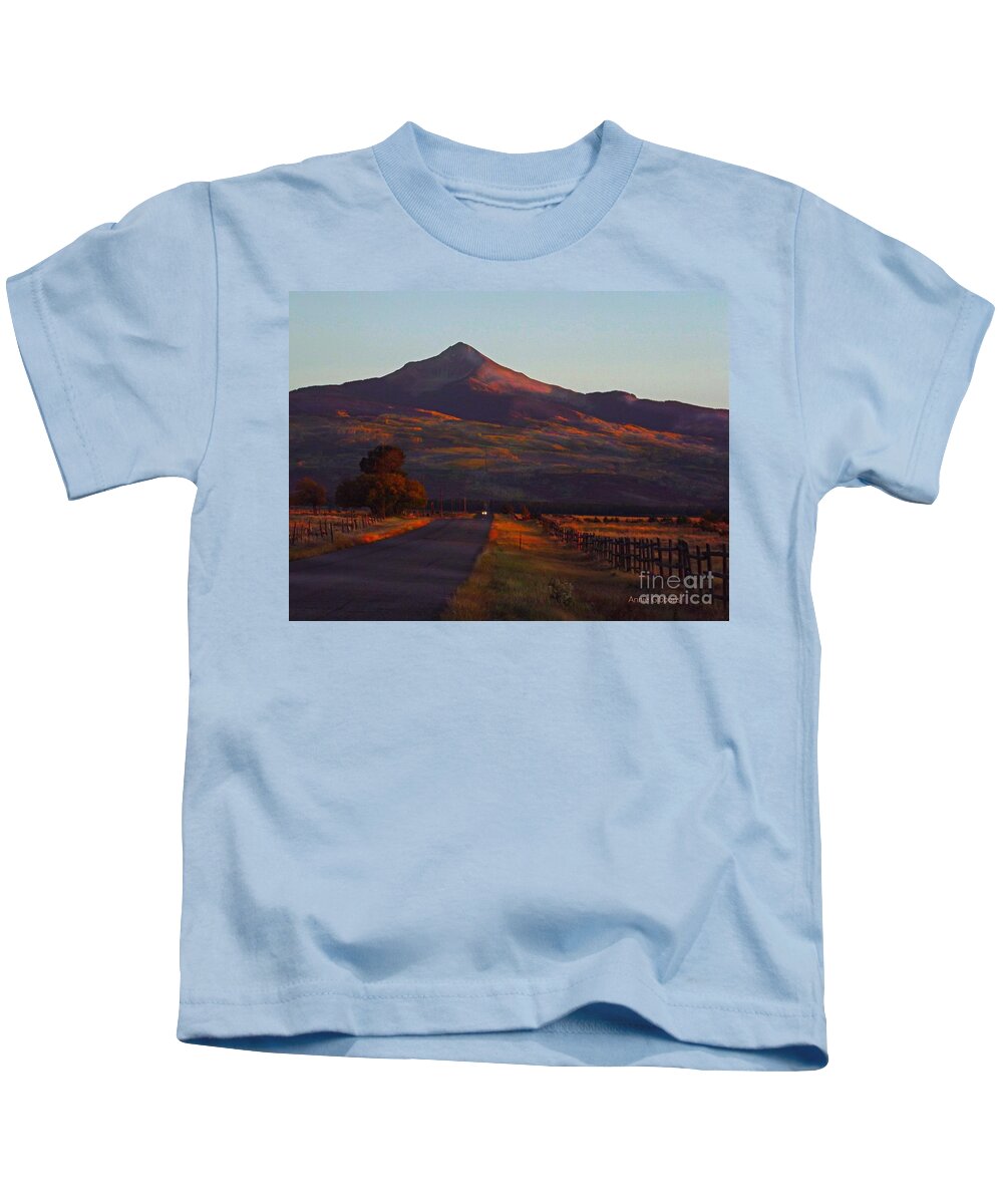 The Lone Cone With Last Sun Rays. Norwood Colorado Kids T-Shirt featuring the digital art Late rays Last day of September by Annie Gibbons