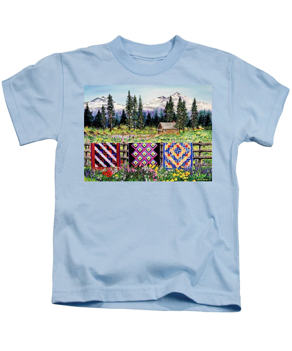 Mountains Kids T-Shirt featuring the painting Log Cabin Quilts by Diane Phalen