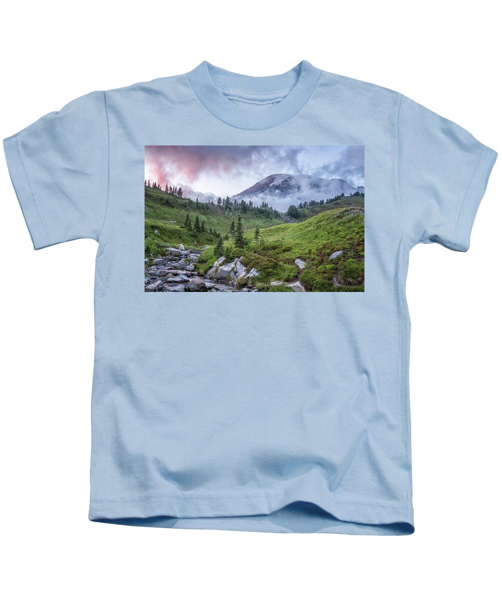 Mount Rainier Kids T-Shirt featuring the photograph Mount Rainier and Edith Creek at Sunset by Belinda Greb