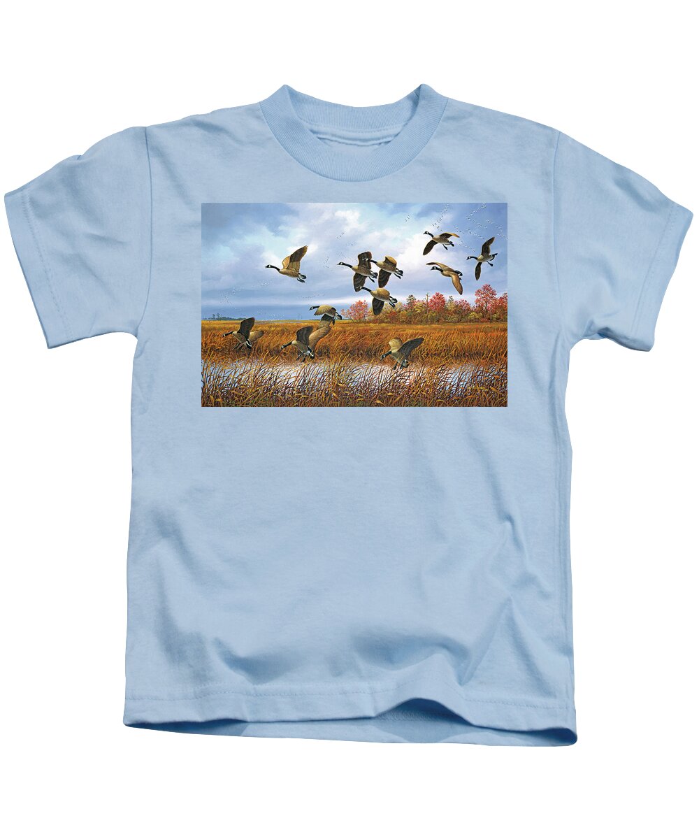 Geese Kids T-Shirt featuring the painting Return to the Eastern Shore by Guy Crittenden