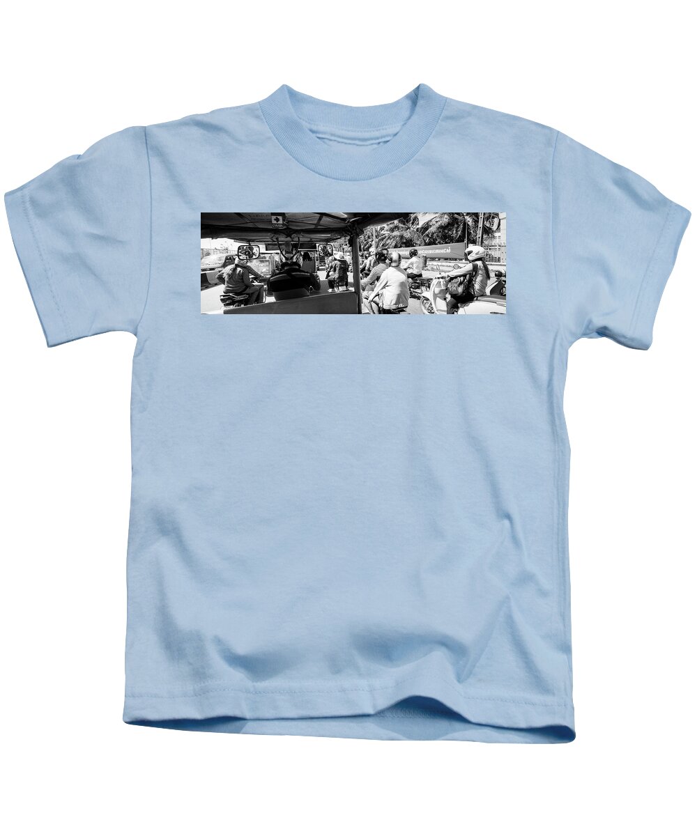 Panoramic Kids T-Shirt featuring the photograph Siem Reap cambodia street motorbikes by Sonny Ryse