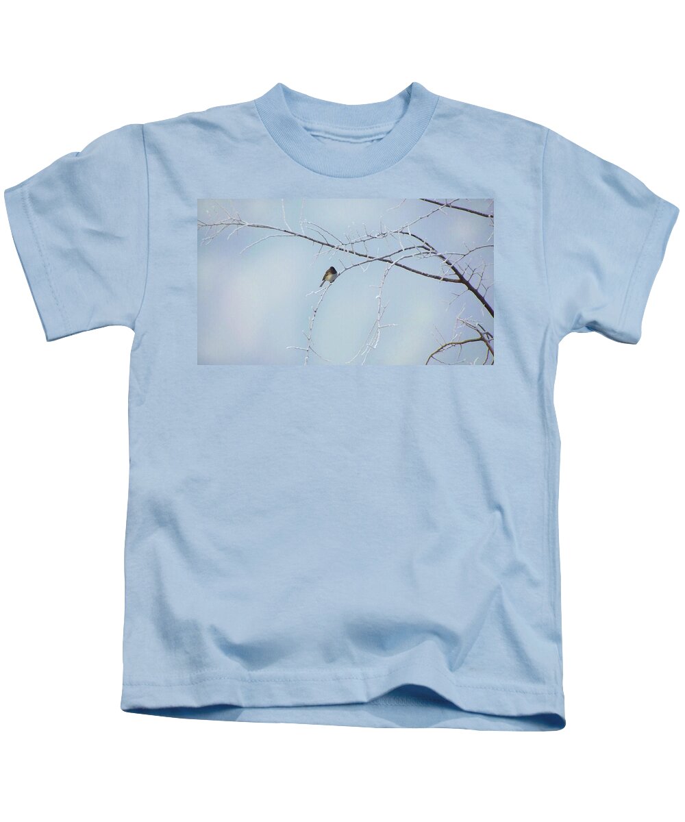 Winter Kids T-Shirt featuring the digital art Snow bird, a finch in winter by Shelli Fitzpatrick