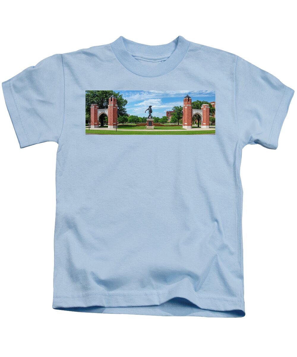 Sower Statue Kids T-Shirt featuring the photograph Sower Statue on the campus of the University of Oklahoma panoramic view by Eldon McGraw