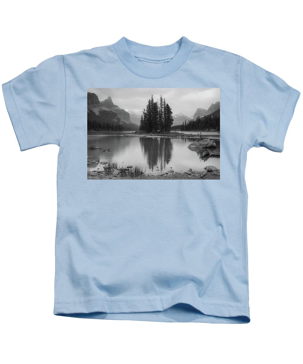 Spirit Island Shoreline Reflection Kids T-Shirt featuring the photograph Spirit Island Shoreline Reflection by Dan Sproul