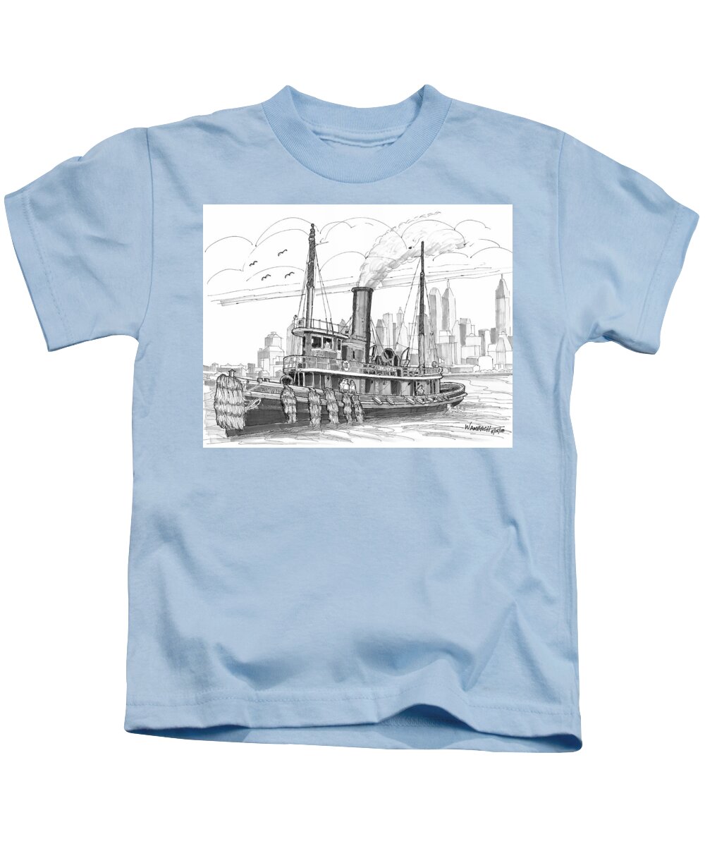 Steam Tug Boat Watuppa Kids T-Shirt featuring the drawing Steam Tug Boat Watuppa New York Harbor by Richard Wambach