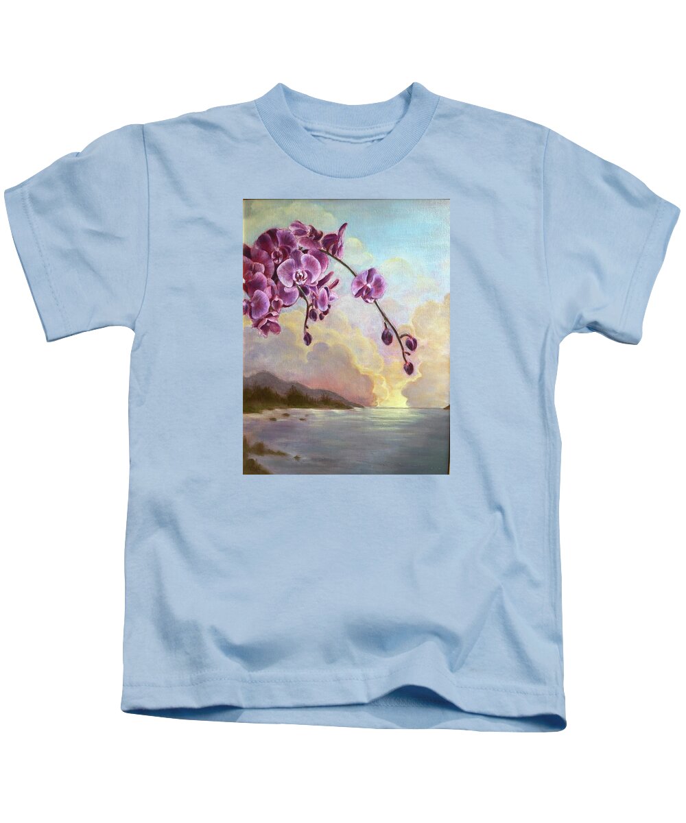Orchids Kids T-Shirt featuring the painting Sunset Blooms by Vina Yang