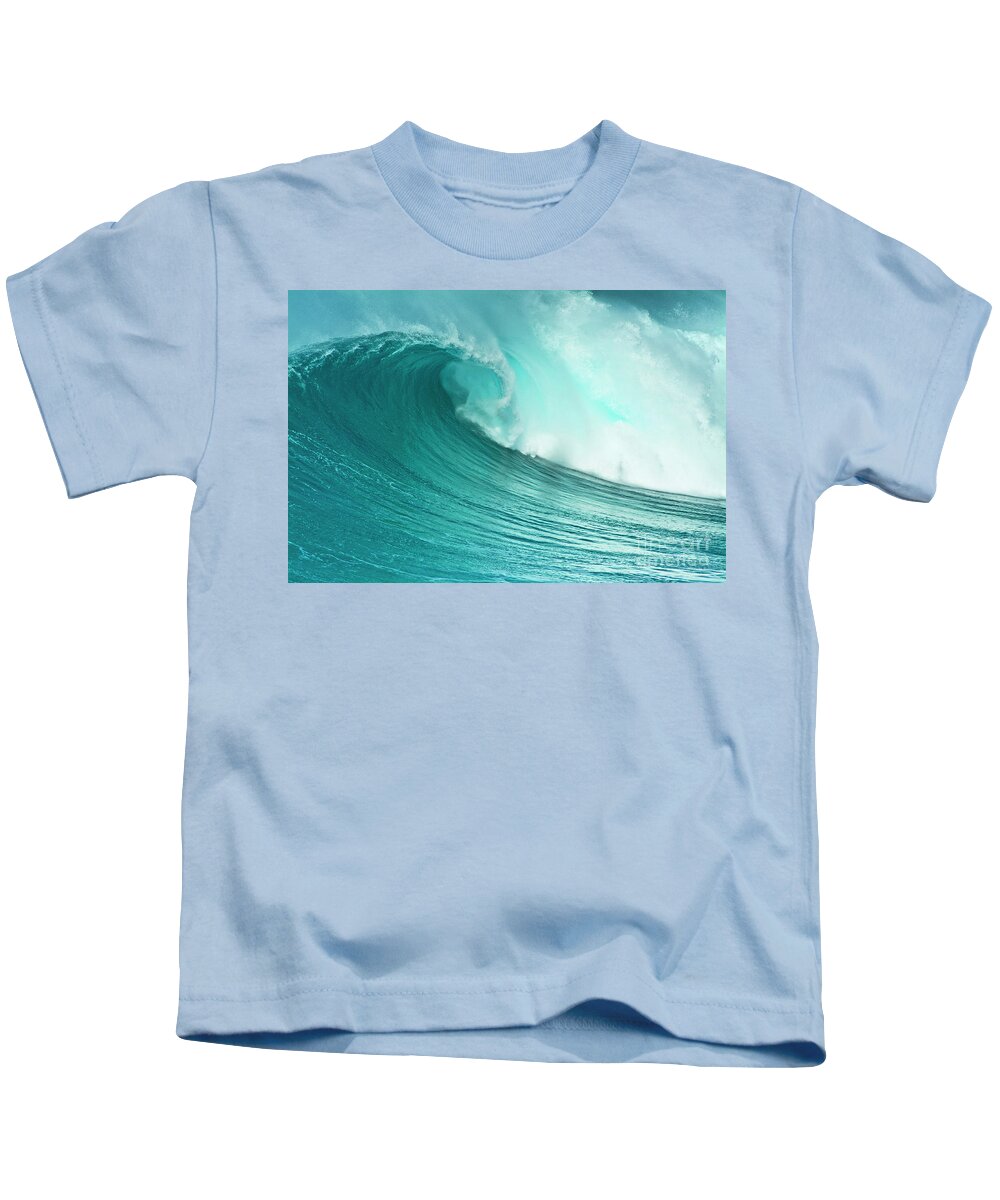Waves Kids T-Shirt featuring the photograph Surf wave curl pipe, Algarve, Portugal by Neale And Judith Clark