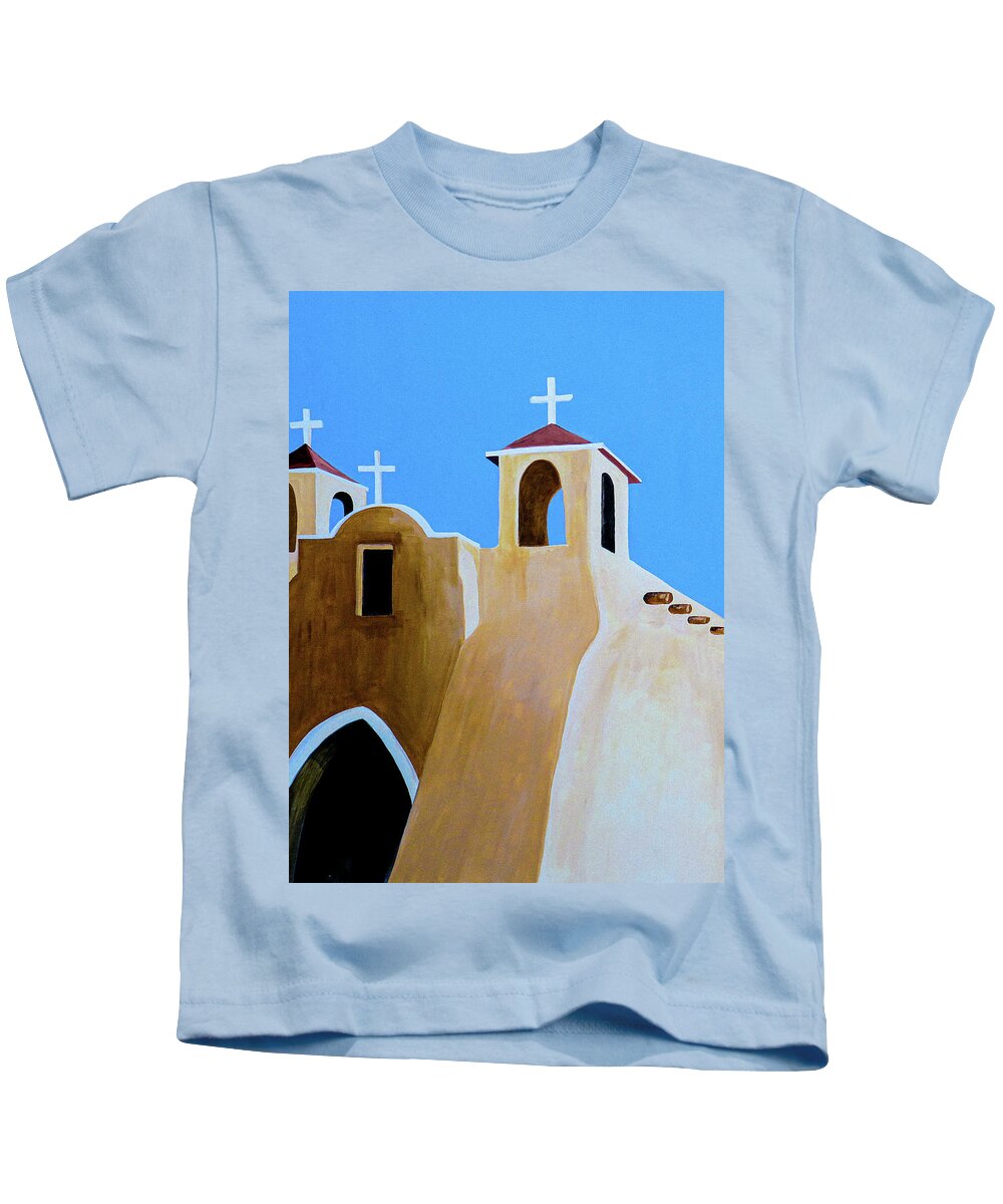 Taos Kids T-Shirt featuring the painting Taos Church Bold by Ted Clifton