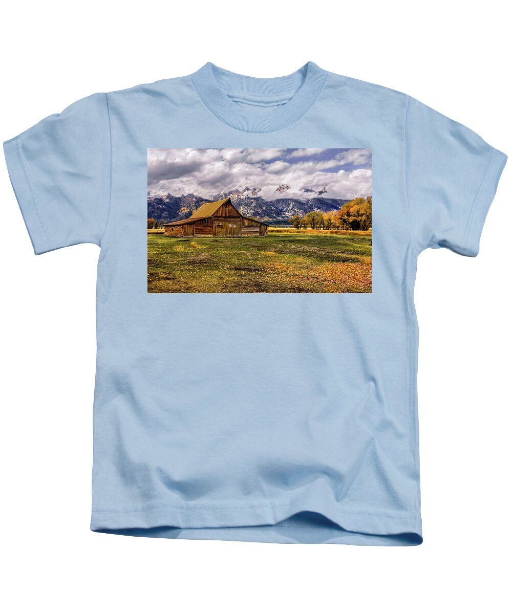 Grand Teton National Park Kids T-Shirt featuring the photograph Teton Moulton Mormon Barn by Norma Brandsberg