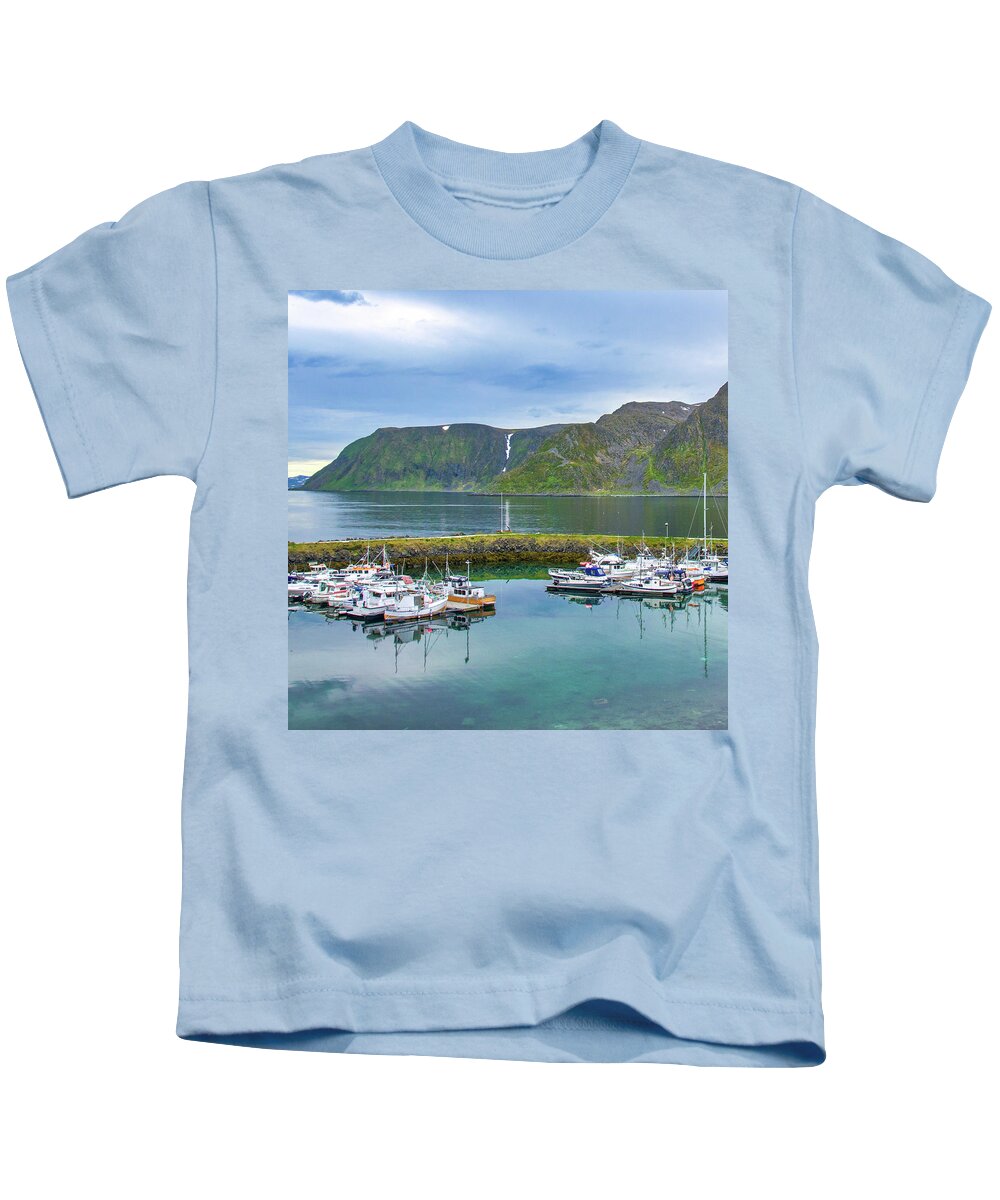 Boat Kids T-Shirt featuring the photograph The Harbor in Honningsvag, Norway by Matthew DeGrushe