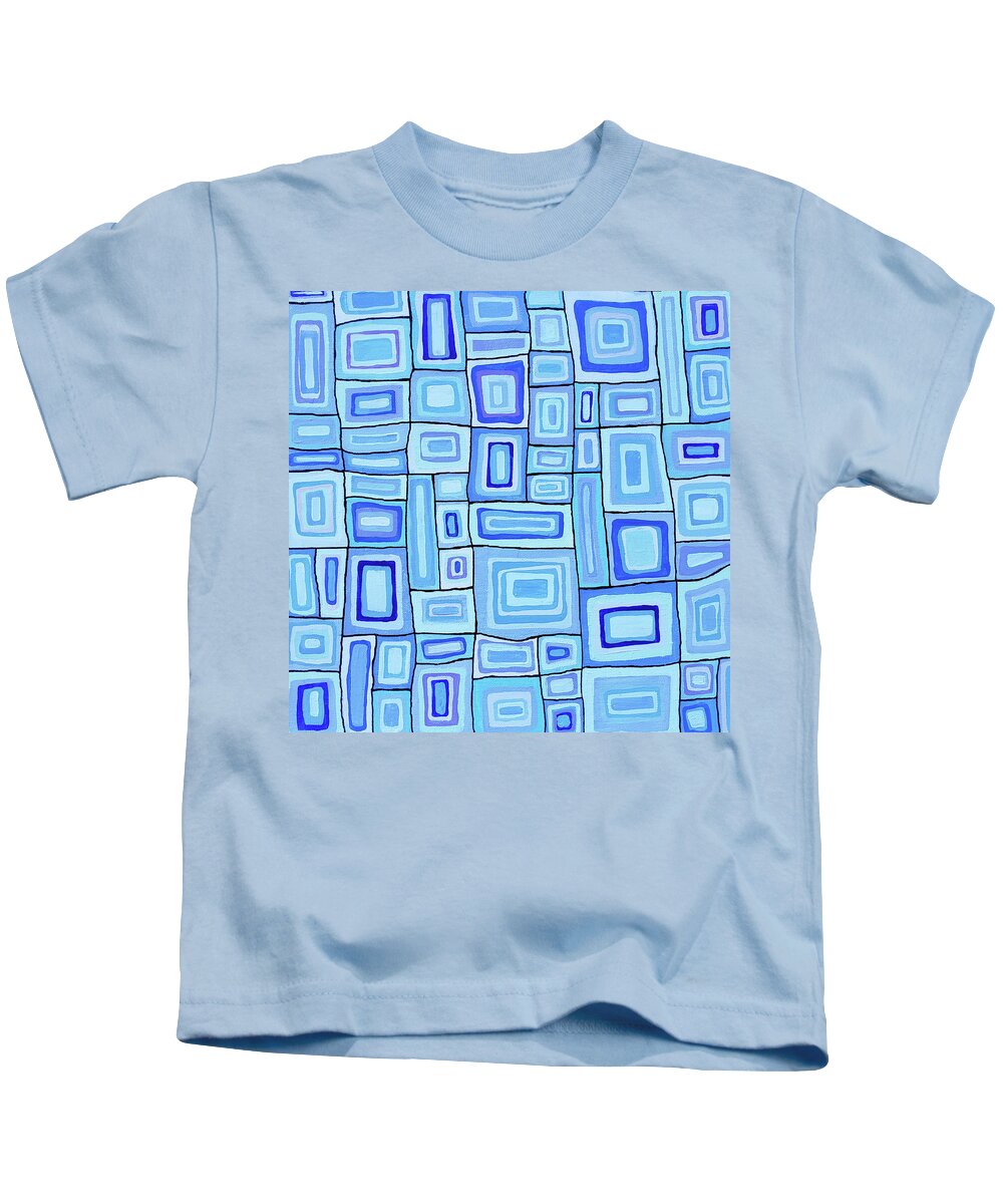 Colorful Abstract Painting Kids T-Shirt featuring the painting TIMES SQUARED BLUES Abstract of Squares in Blue Navy Indigo Aqua Lavender Cubism by Lynnie Lang