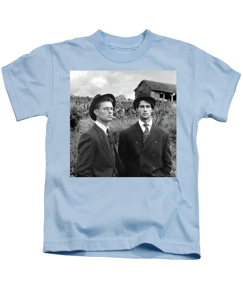 Men Kids T-Shirt featuring the photograph Two Men in Hats 1988 by Steve Ladner