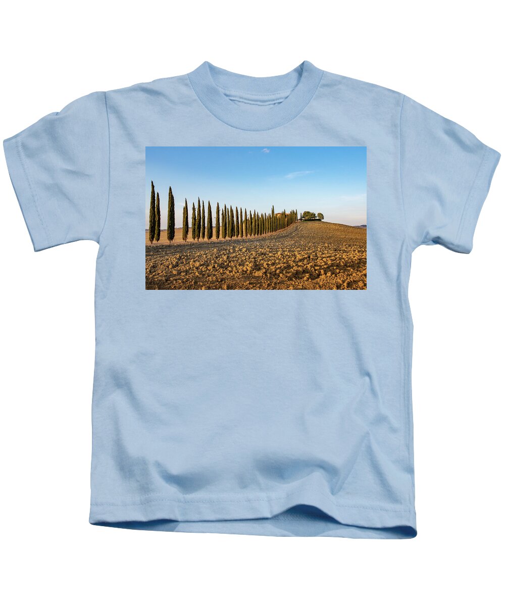 Orcia Kids T-Shirt featuring the pyrography Val d'Orcia, famous group of cypress trees in Tuscany, Italy by Eleni Kouri