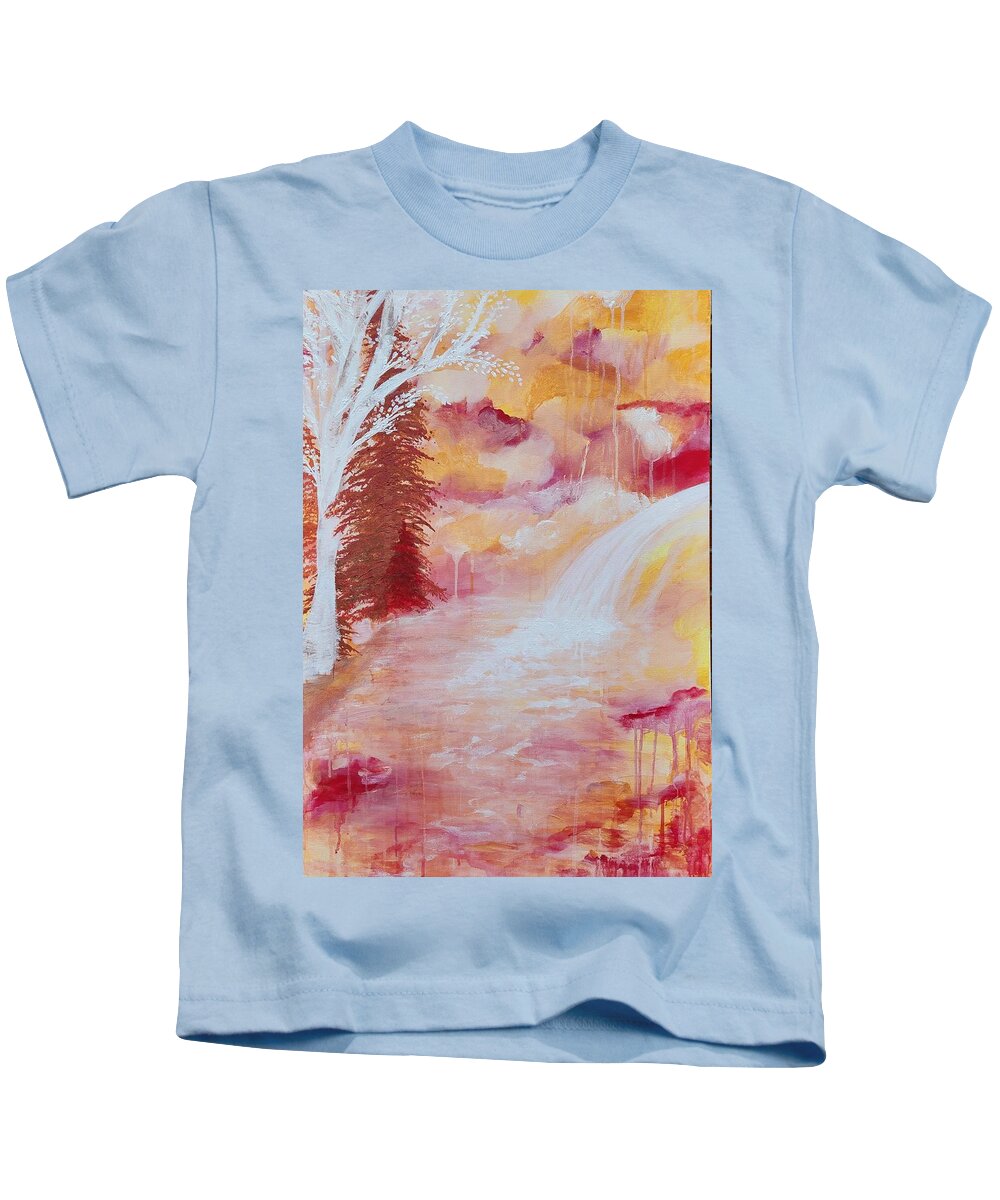 Waterfall Kids T-Shirt featuring the painting Vibrant Forest with Waterfall by Lynne McQueen