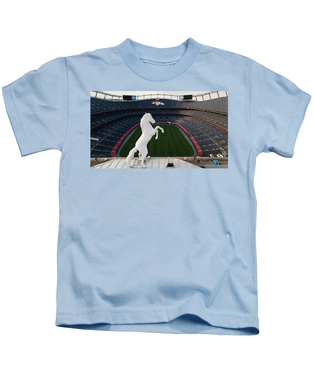Denver Colorado Kids T-Shirt featuring the photograph View of Denver Bronco overlooking Mile High Stadium by Eldon McGraw