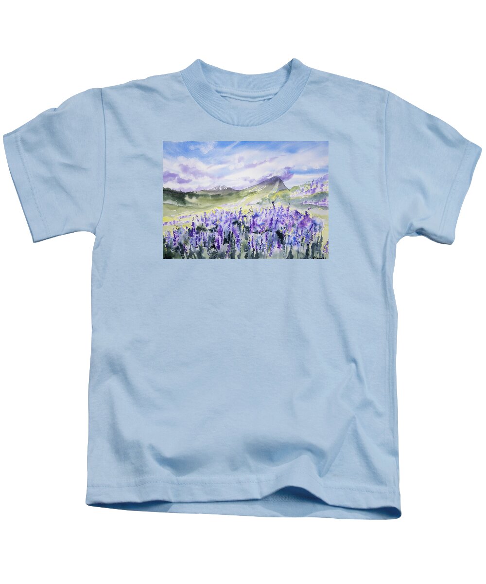 Summer Kids T-Shirt featuring the painting Watercolor - Colorado Summer Lupine Mountain Landscape by Cascade Colors