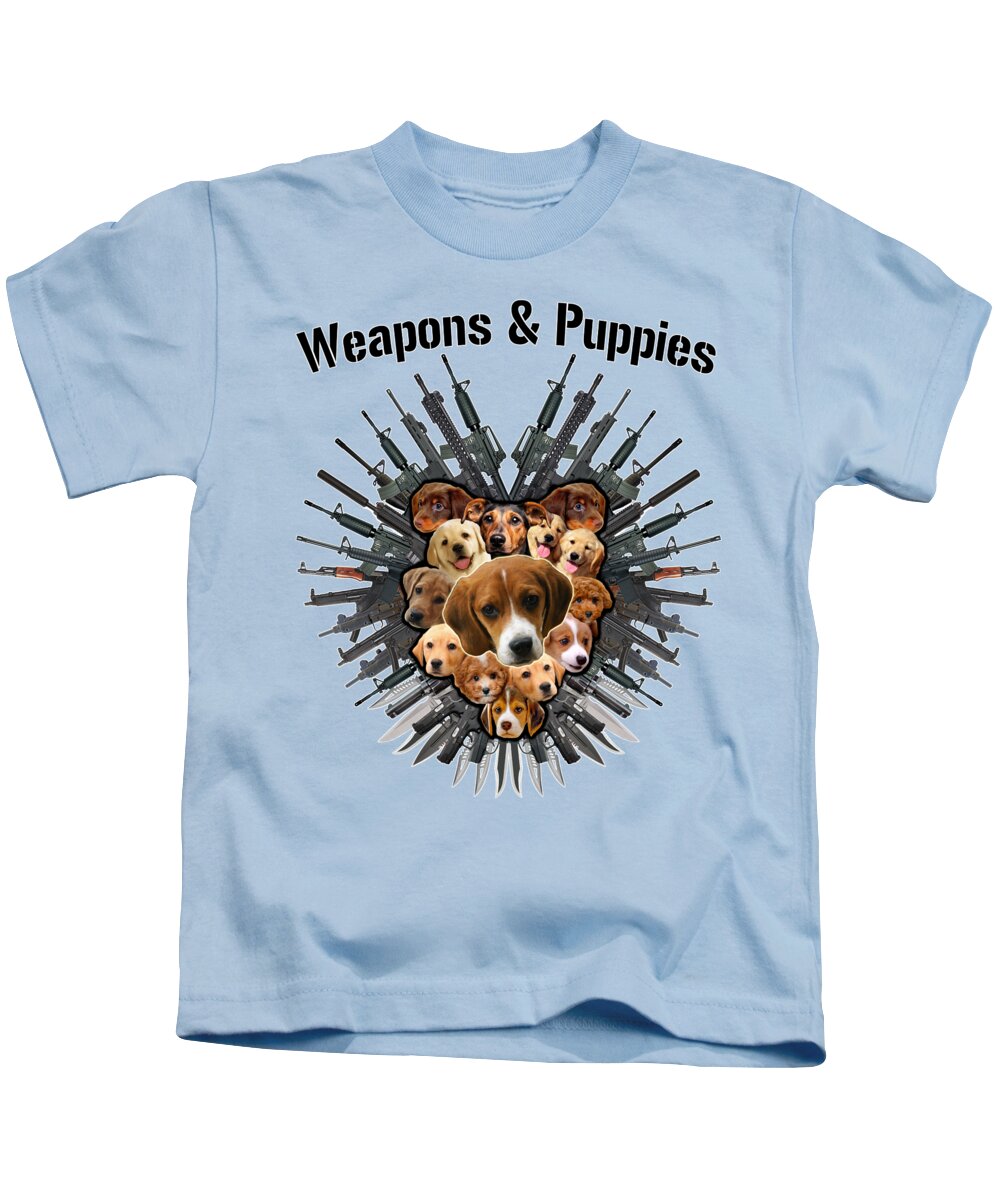 Puppy Kids T-Shirt featuring the painting Weapons and Puppies Black Text by Yom Tov Blumenthal