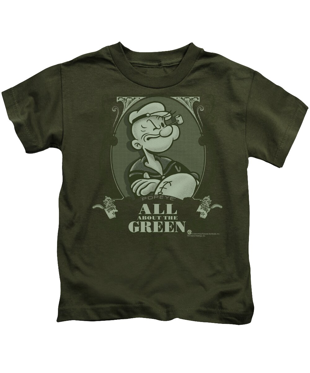 Popeye Kids T-Shirt featuring the digital art Popeye - All About The Green by Brand A