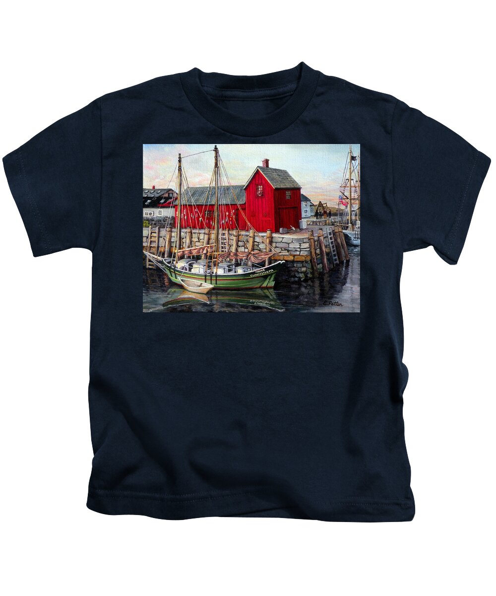 Rockport Kids T-Shirt featuring the painting Motif # 1, Rockport, MA by Eileen Patten Oliver