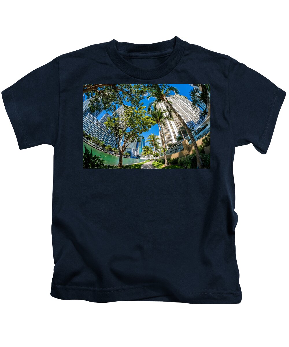 Architecture Kids T-Shirt featuring the photograph Downtown Miami Brickell Fisheye by Raul Rodriguez