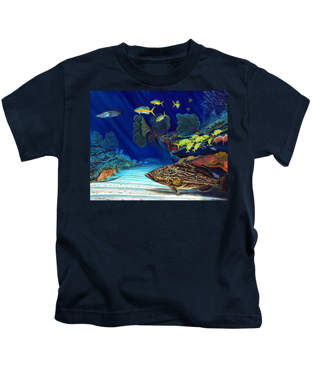 Grouper Kids T-Shirt featuring the painting Black grouper reef by Steve Ozment