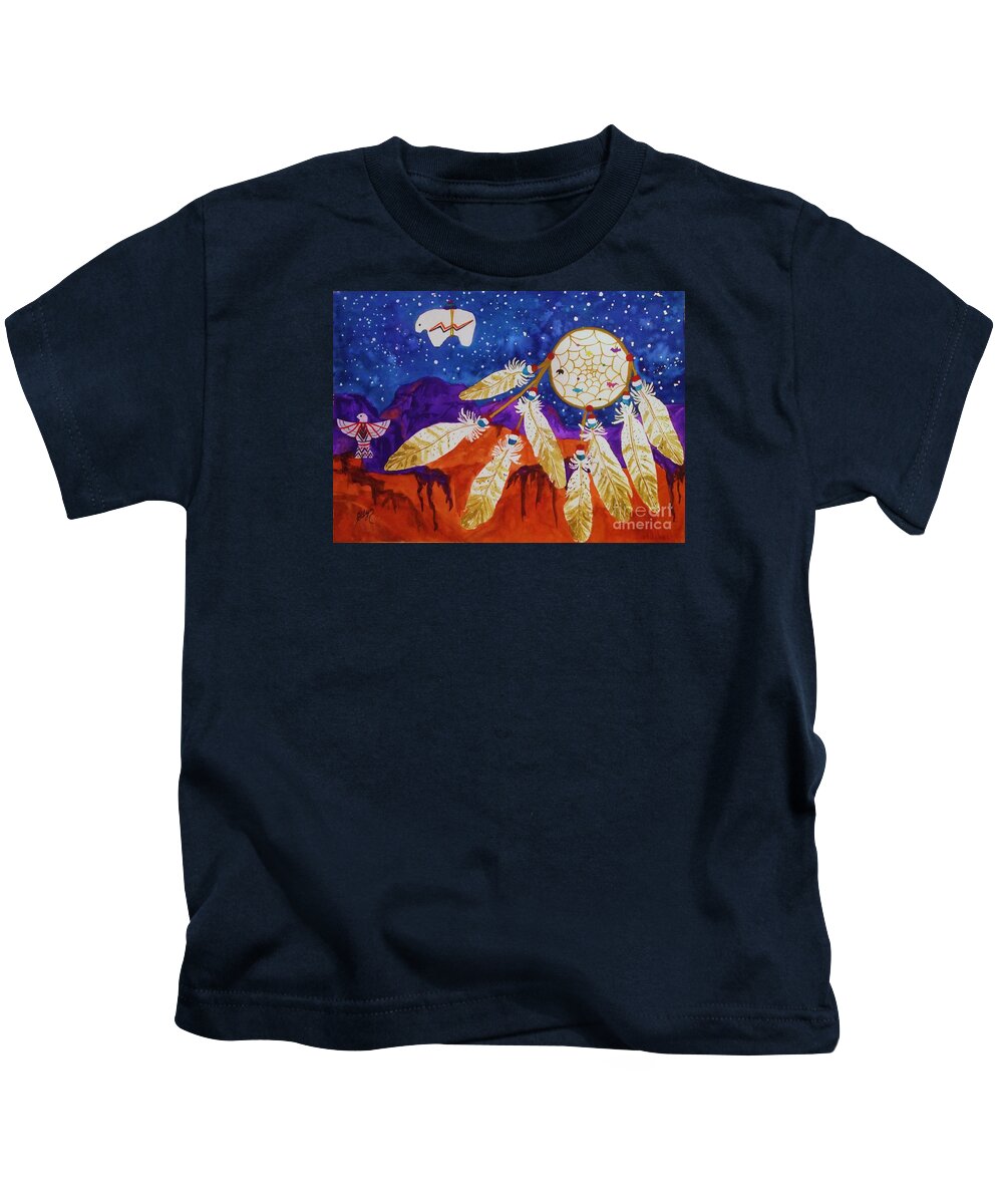 Dream Catcher Kids T-Shirt featuring the painting Dreamcatcher Over The Mesas by Ellen Levinson