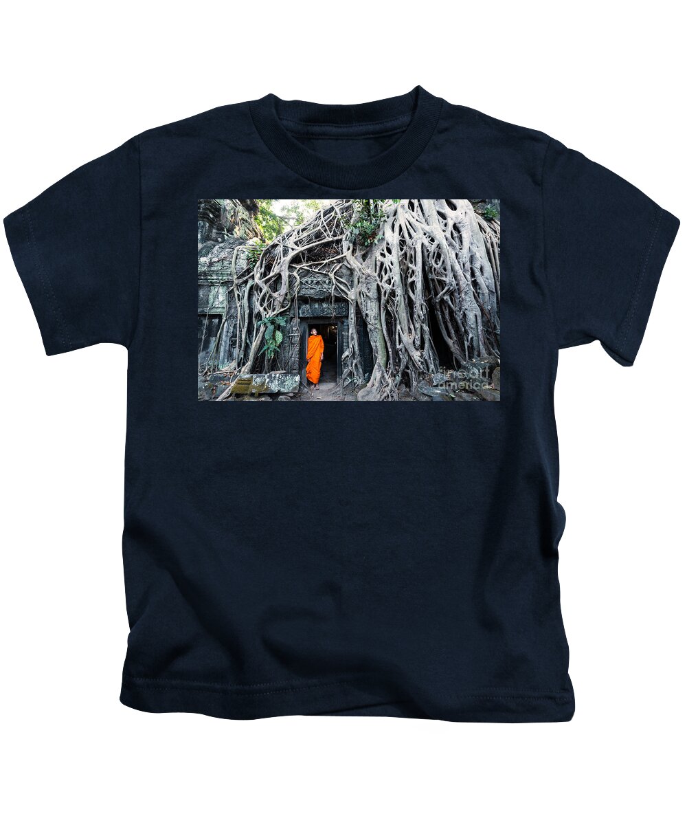Cambodia Kids T-Shirt featuring the photograph Famous big tree inside Ta Phrom temple - Angkor - Cambodia by Matteo Colombo