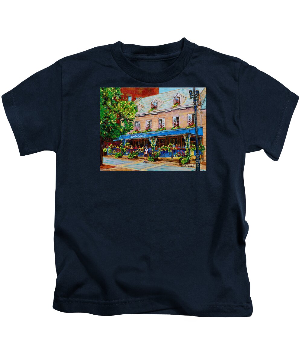 Montreal Kids T-Shirt featuring the painting French Restaurant Jardin Nelson Paris Style Bistro Place Jacques Cartier Terrace Garden C Spandau  by Carole Spandau