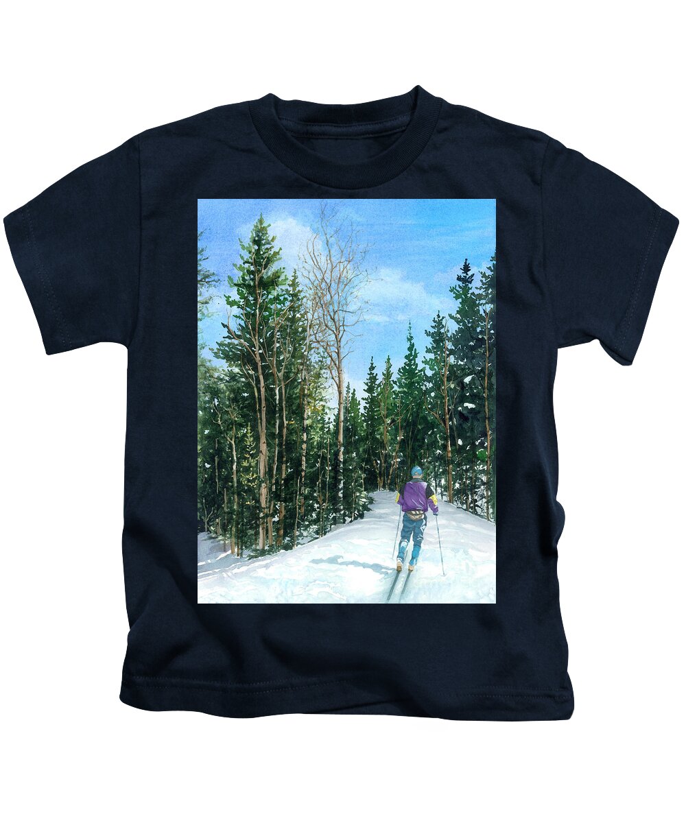 Cross Country Skiing Kids T-Shirt featuring the painting Into the Woods by Barbara Jewell