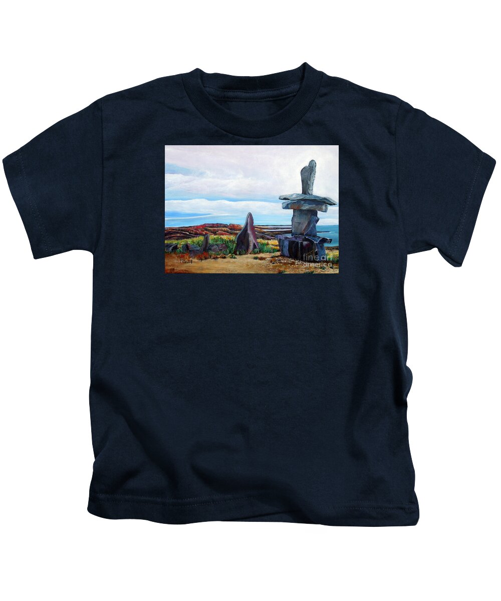 Stone Landmark Kids T-Shirt featuring the painting Inukshuk by Marilyn McNish