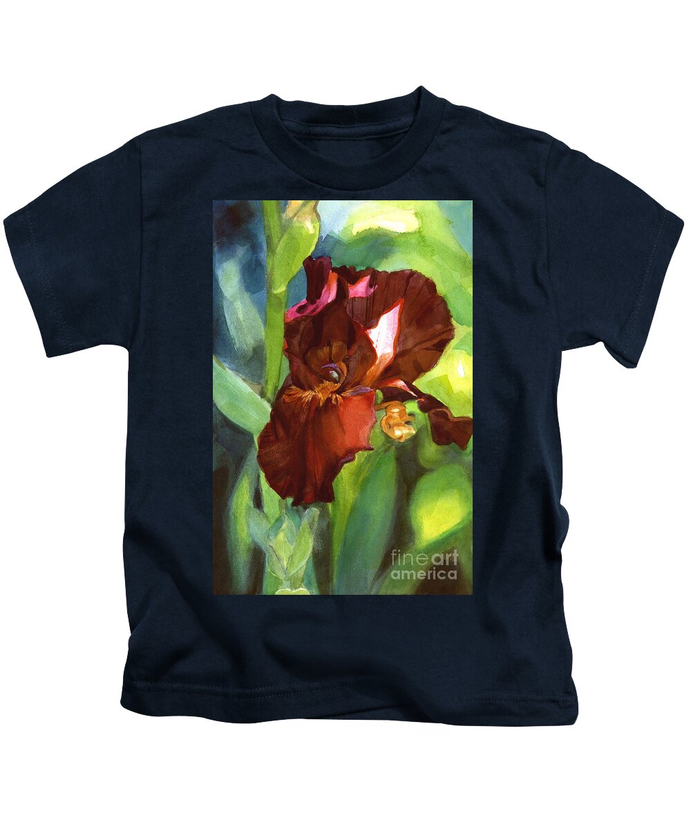 Watercolor Kids T-Shirt featuring the painting Watercolor of a tall Iris in Burgundy Red by Greta Corens