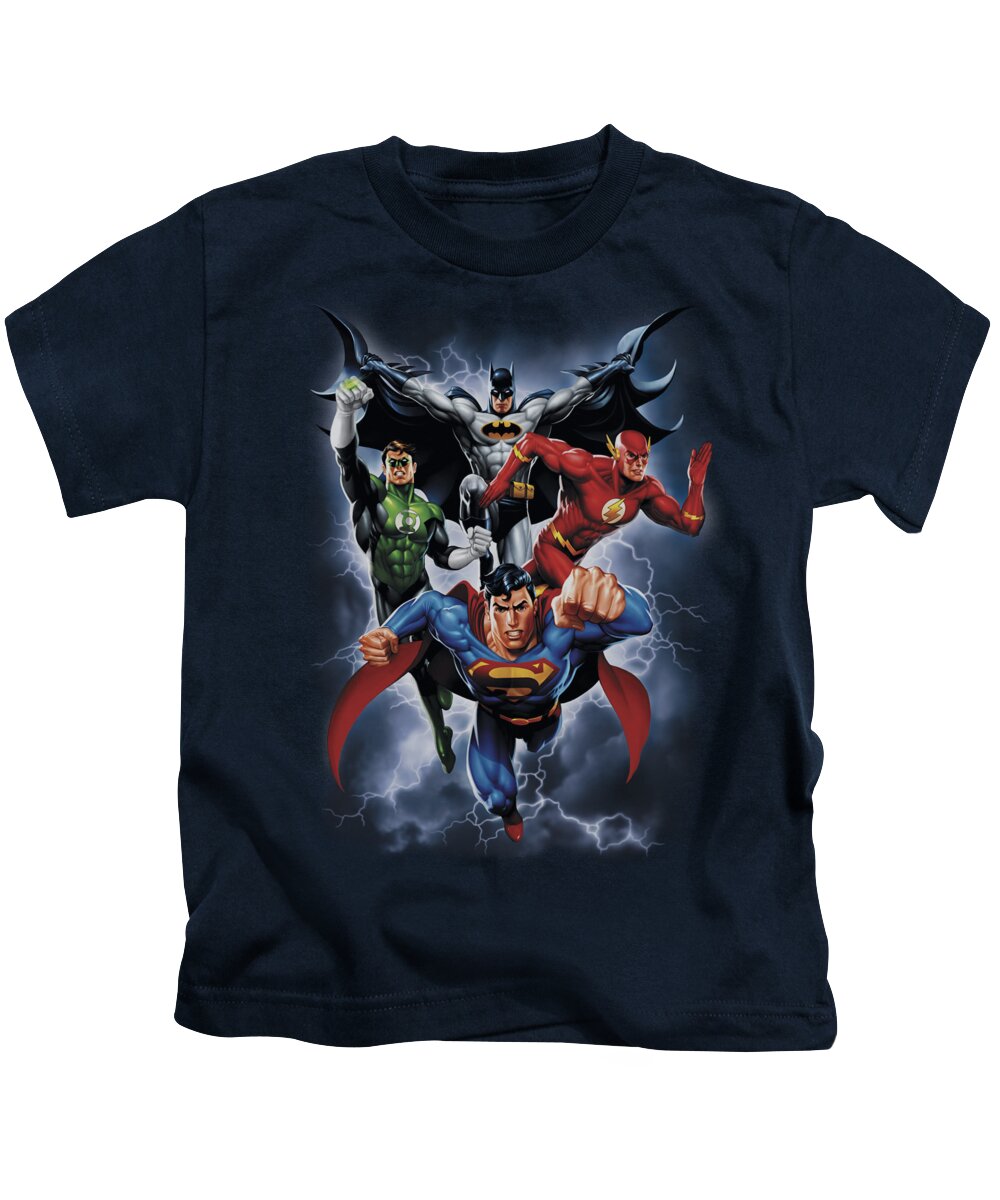 Justice League Of America Kids T-Shirt featuring the digital art Jla - The Coming Storm by Brand A