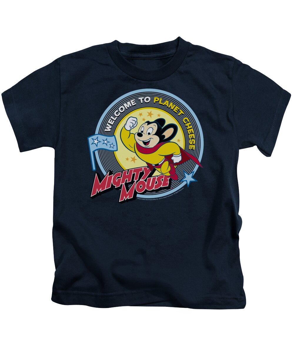 Mighty Mouse Kids T-Shirt featuring the digital art Mighty Mouse - Planet Cheese by Brand A
