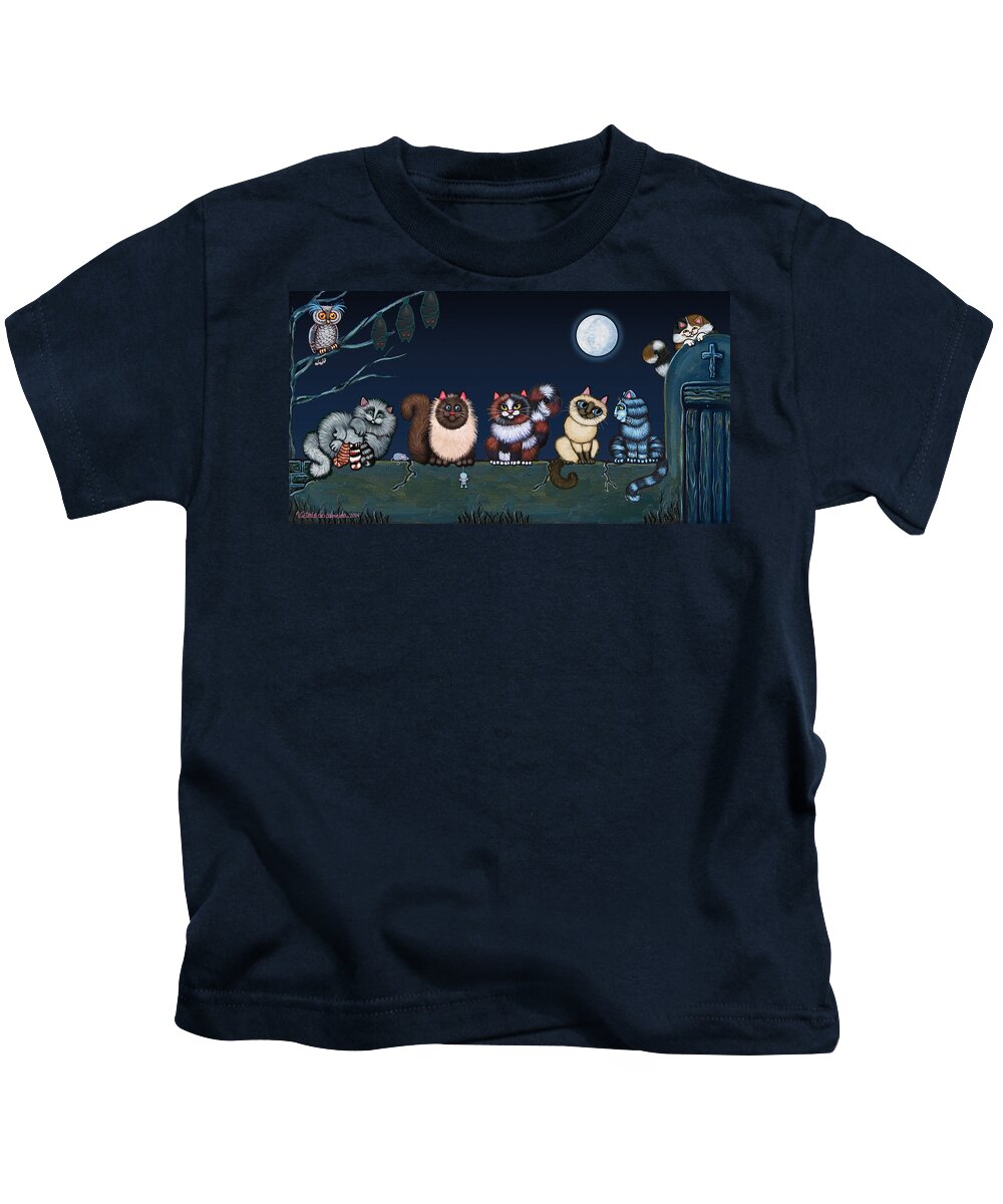 Cat Kids T-Shirt featuring the painting Moonlight On The Wall by Victoria De Almeida