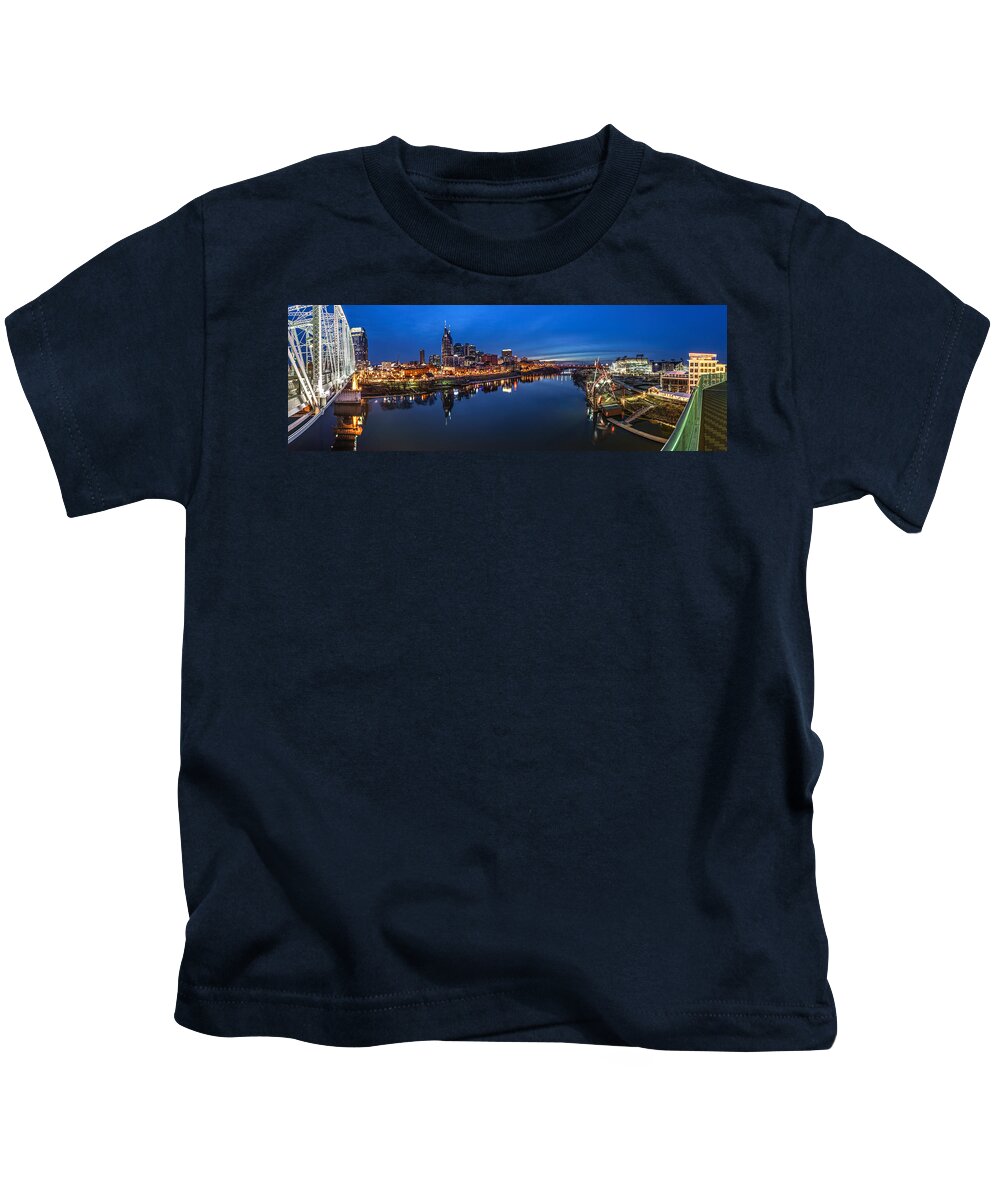 Pano Kids T-Shirt featuring the photograph Nashville Skyline Panorama at Night by Brett Engle