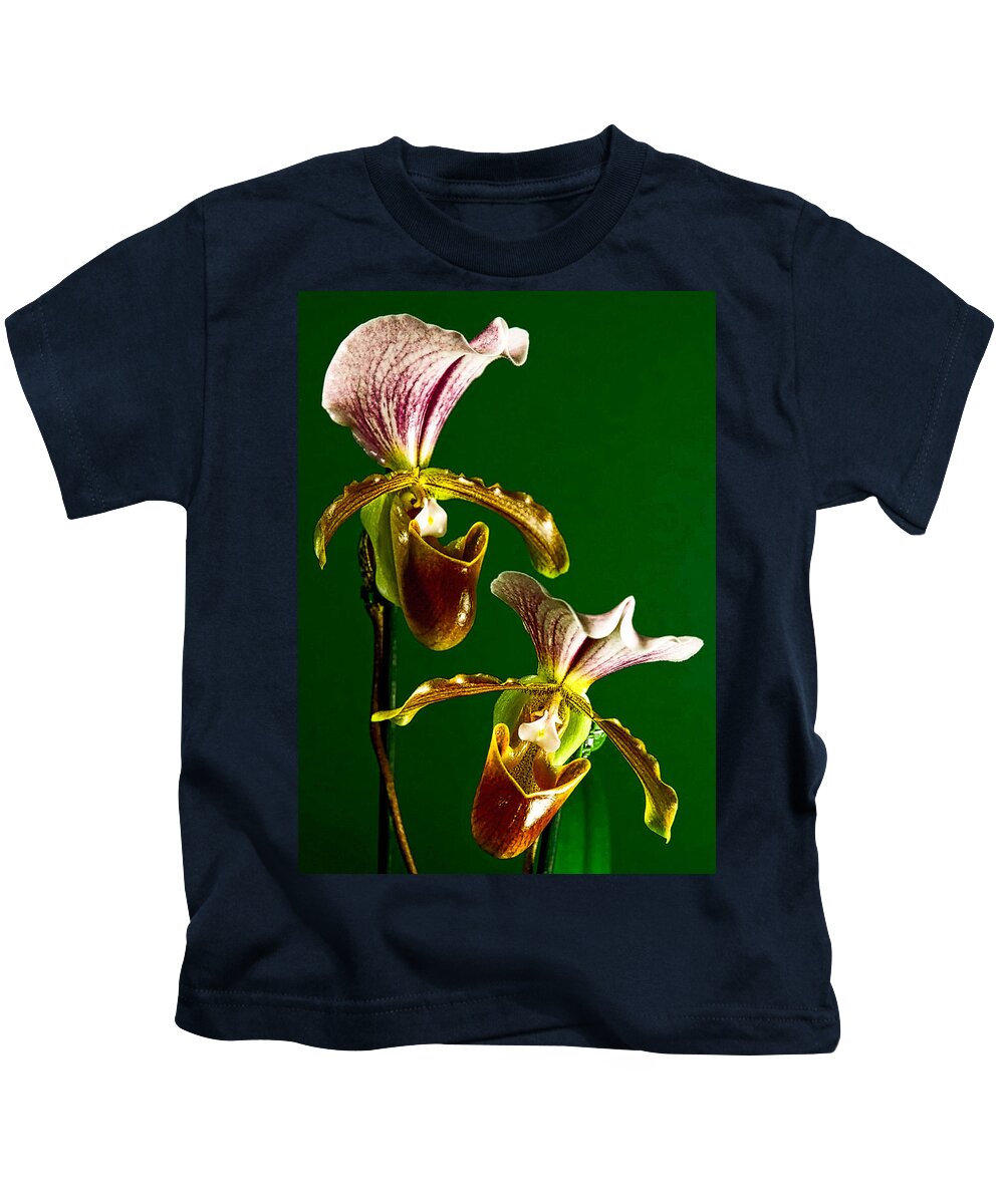 Orchids Kids T-Shirt featuring the photograph Pair of Lady Slipper Orchids by Elf EVANS